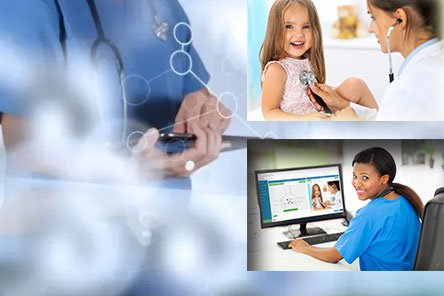 Physician working with child and at computer